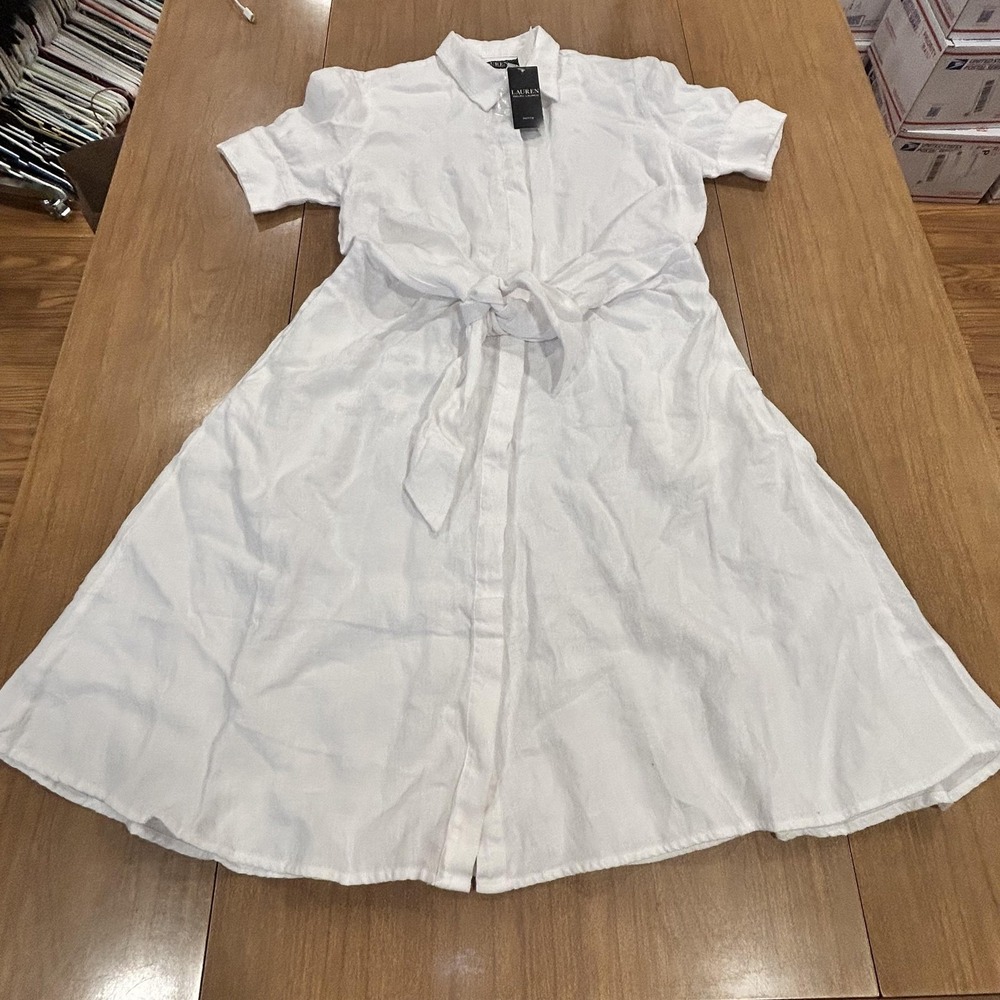 Lauren Ralph Lauren Shirt Dress Womens 12P White Linen Belted Midi S/S Summer